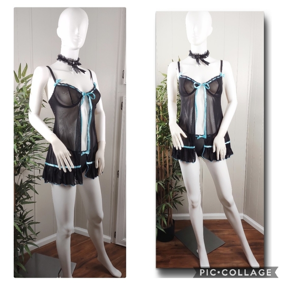 MEDIUM black babydoll & matching thong - Picture 2 of 12